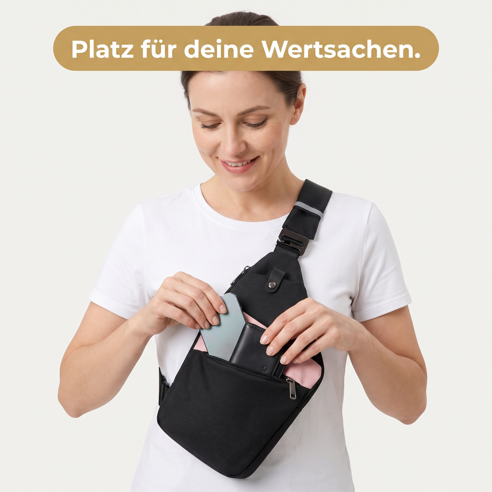 Platz für deine Wertsachen – Anti-Diebstahl Sling Tasche Schwarz-Rosa